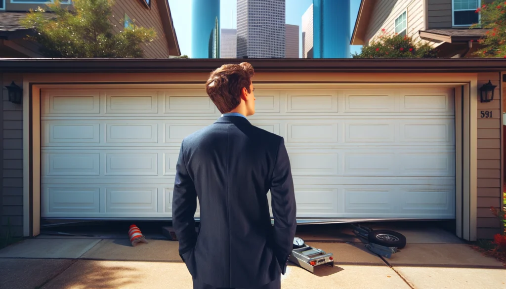 Troubleshooting Garage Door Problems In Houston, Tx: Expert Repair Tips 1 DALL·E 2024 06 01 20.04.30 A person looking frustrated while standing in front of a garage door that wont open. The scene is set in a suburban neighborhood with the JPMorgan Ch