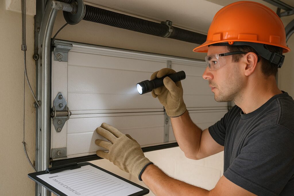 Post-Installation Care Tips For New Garage Door Installation 4 Technician examining torsion spring during new garage door installation, checking for issues and listening for unusual noises as part of preventive maintenance.